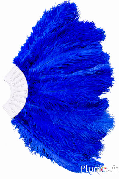 Fächer aus Straußenfedern - 20 Federn, weißes Leder - blau